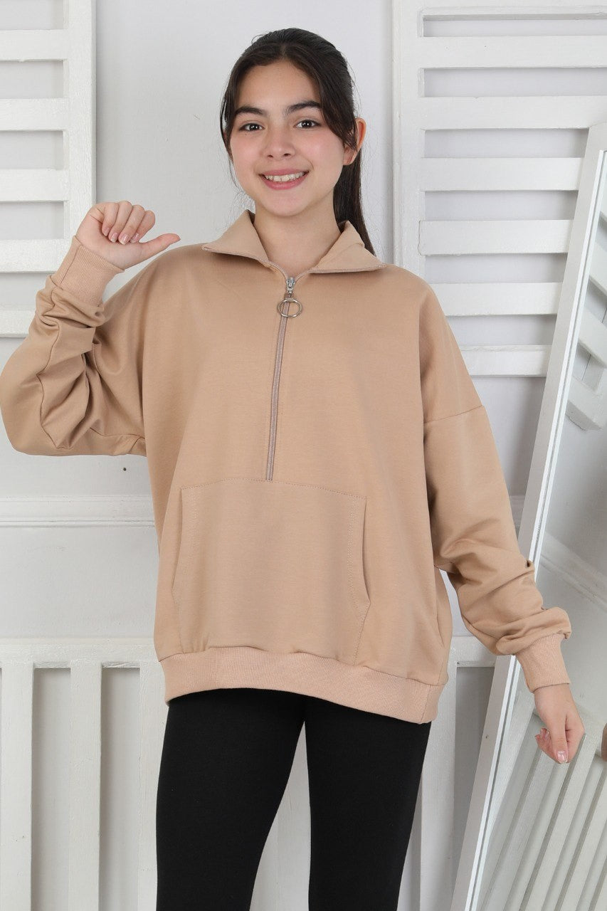 Yarım Fermuarlı Kapüşonlu Kız Çocuk Sweatshirt