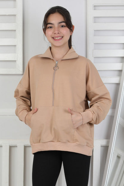 Yarım Fermuarlı Kapüşonlu Kız Çocuk Sweatshirt