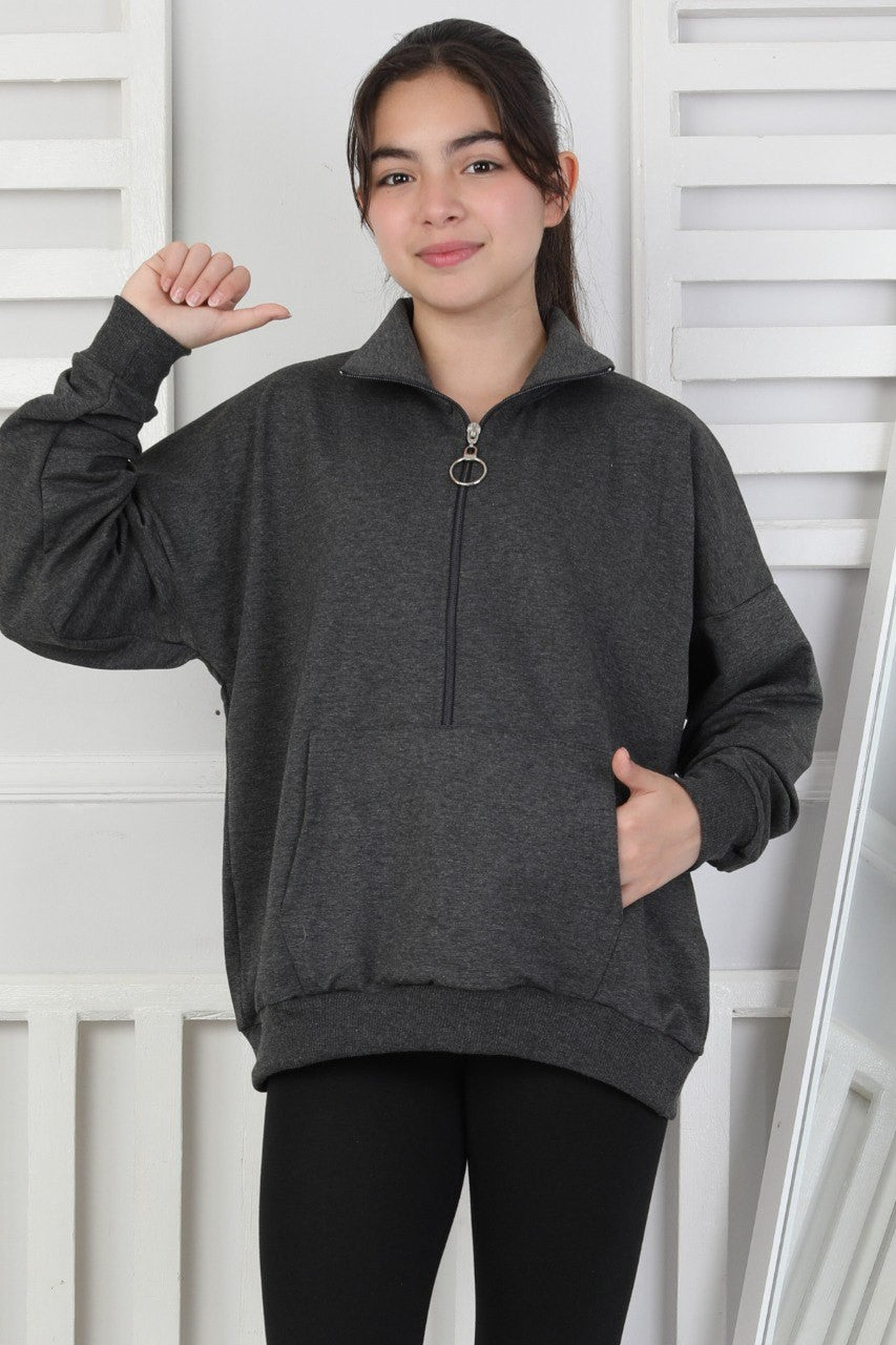 Yarım Fermuarlı Kapüşonlu Kız Çocuk Sweatshirt