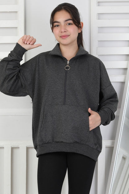 Yarım Fermuarlı Kapüşonlu Kız Çocuk Sweatshirt