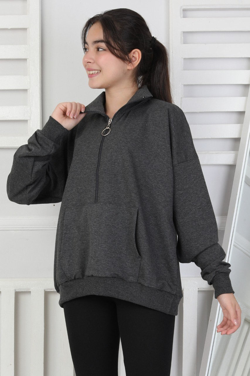Yarım Fermuarlı Kapüşonlu Kız Çocuk Sweatshirt