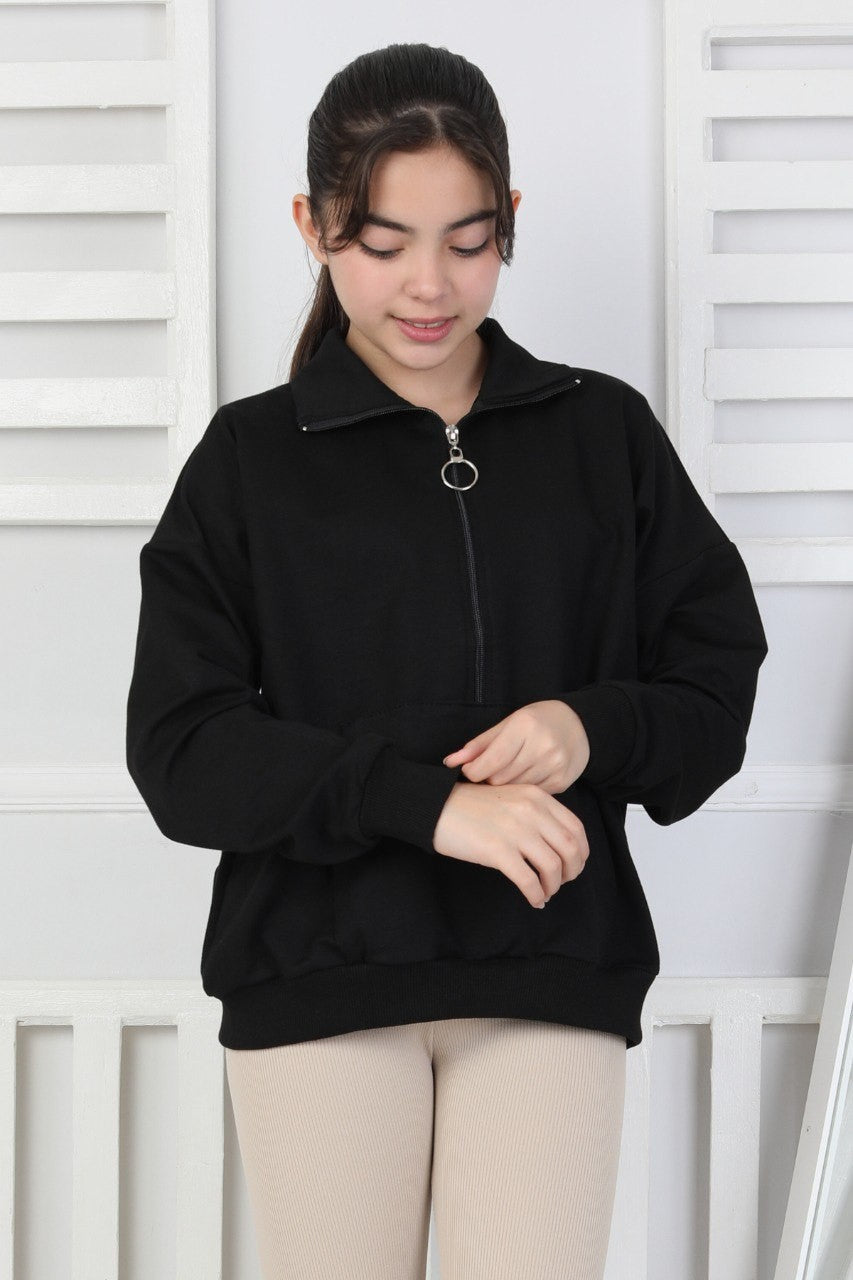 Yarım Fermuarlı Kapüşonlu Kız Çocuk Sweatshirt