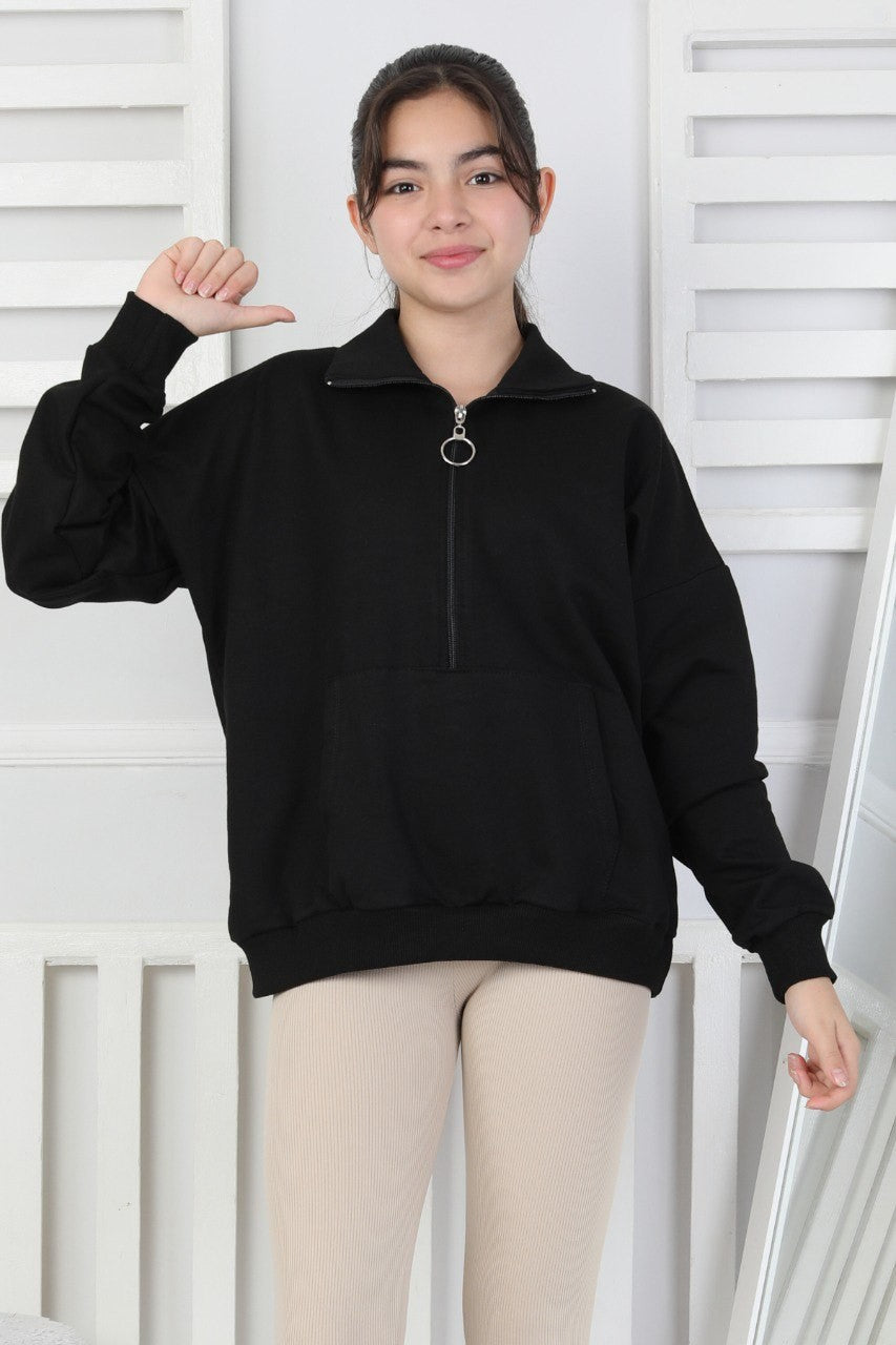Yarım Fermuarlı Kapüşonlu Kız Çocuk Sweatshirt