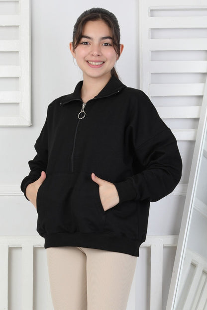 Yarım Fermuarlı Kapüşonlu Kız Çocuk Sweatshirt