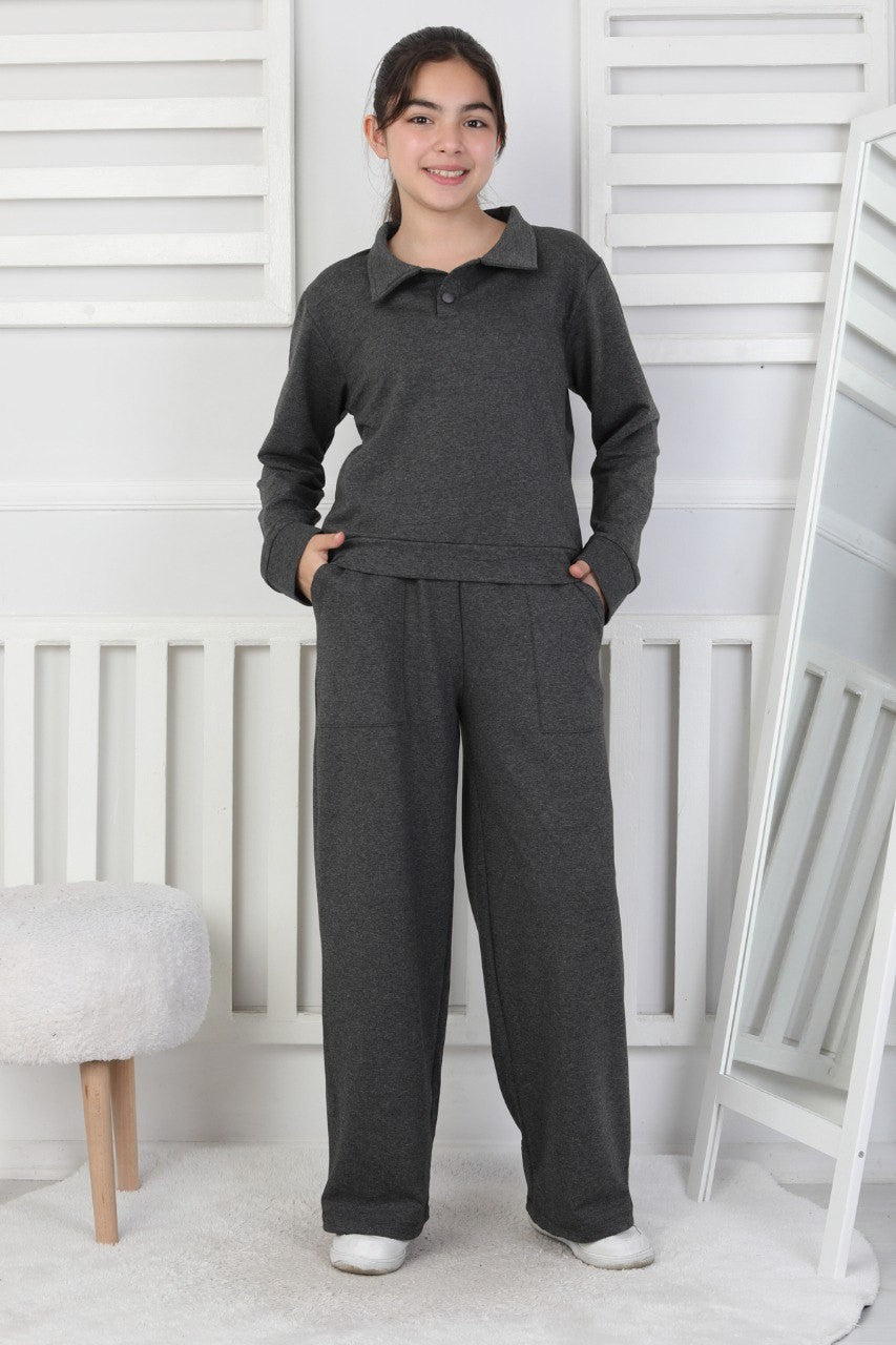 Yakalı Cepli Bol Paça Kız Çocuk Takım