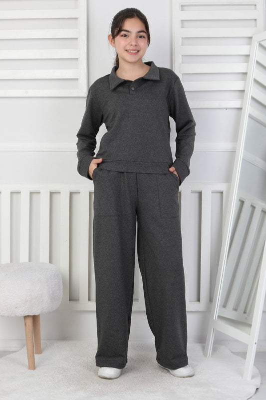 Yakalı Cepli Bol Paça Kız Çocuk Takım