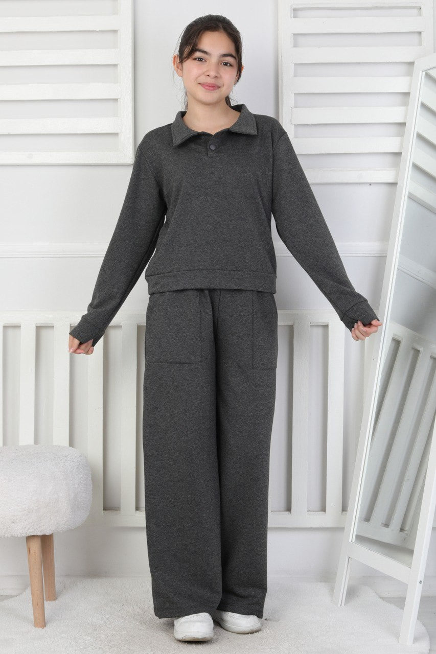 Yakalı Cepli Bol Paça Kız Çocuk Takım