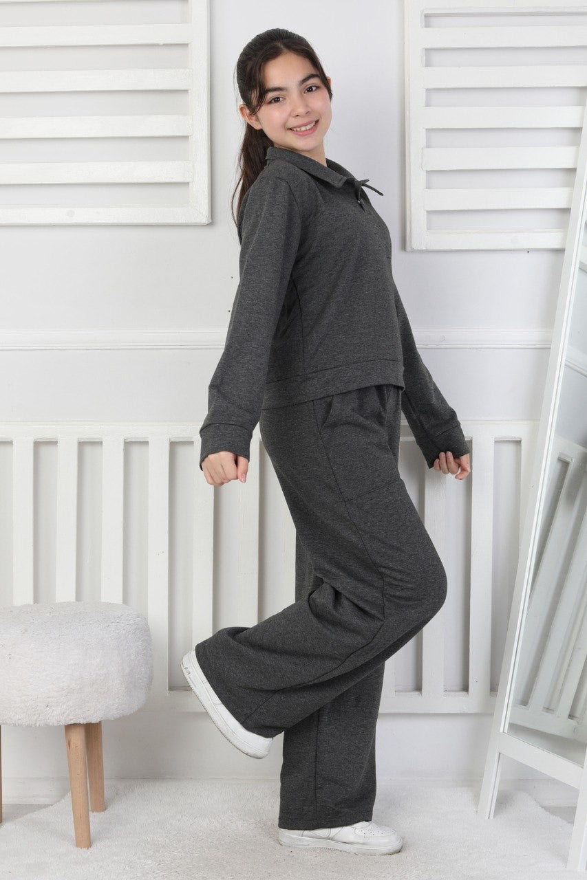 Yakalı Cepli Bol Paça Kız Çocuk Takım