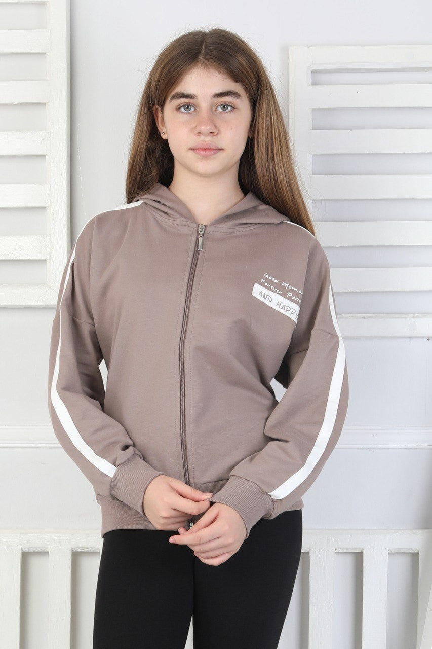 Kapüşonlu Fermuarlı Baskılı Kız Çocuk Sweatshirt