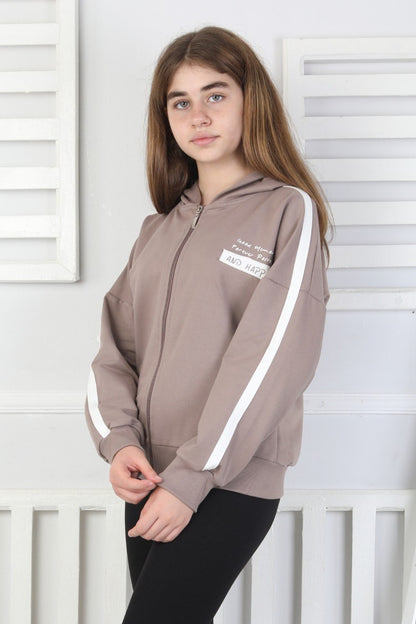 Kapüşonlu Fermuarlı Baskılı Kız Çocuk Sweatshirt