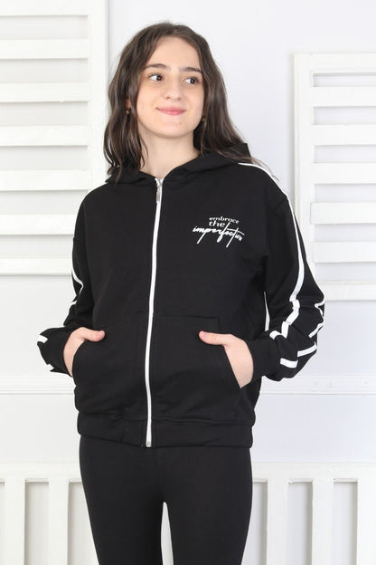 Kapüşonlu Fermuarlı Baskılı Kız Çocuk Sweatshirt