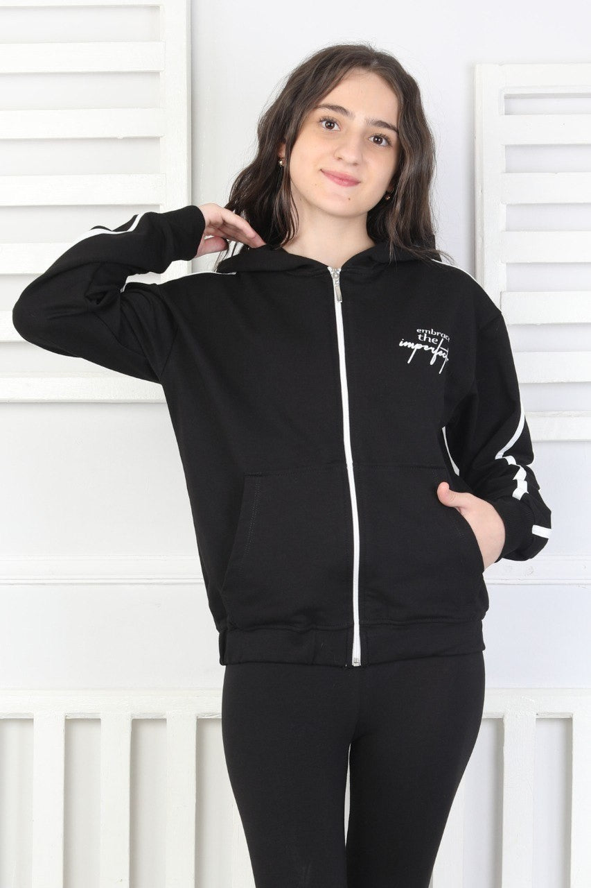 Kapüşonlu Fermuarlı Baskılı Kız Çocuk Sweatshirt