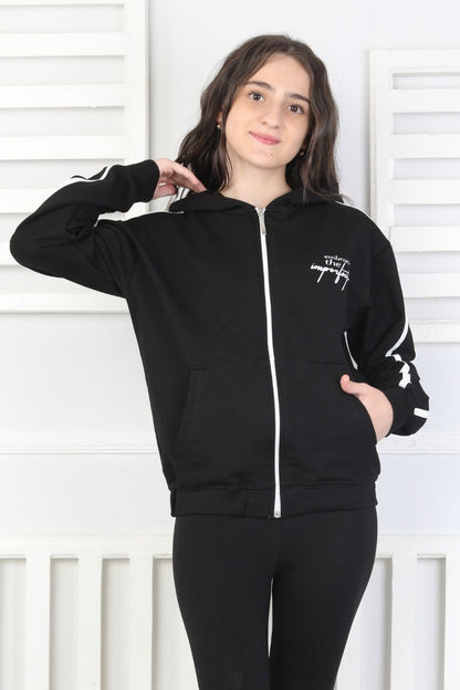 Kapüşonlu Fermuarlı Baskılı Kız Çocuk Sweatshirt