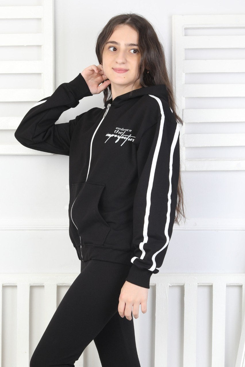 Kapüşonlu Fermuarlı Baskılı Kız Çocuk Sweatshirt