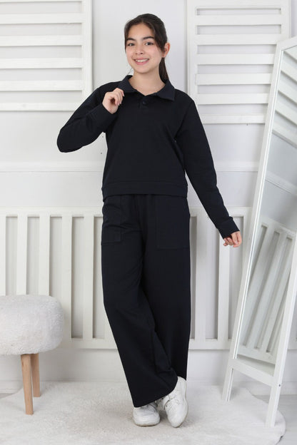 Yakalı Cepli Bol Paça Kız Çocuk Takım