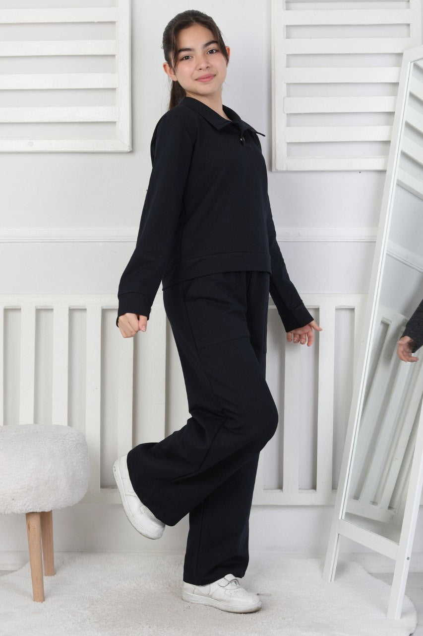 Yakalı Cepli Bol Paça Kız Çocuk Takım