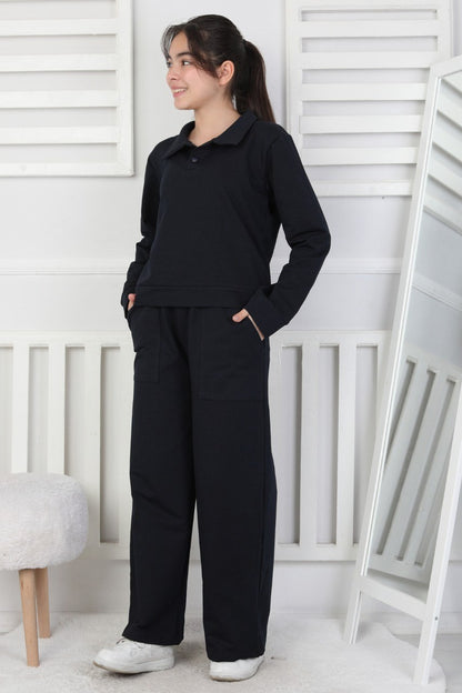 Yakalı Cepli Bol Paça Kız Çocuk Takım