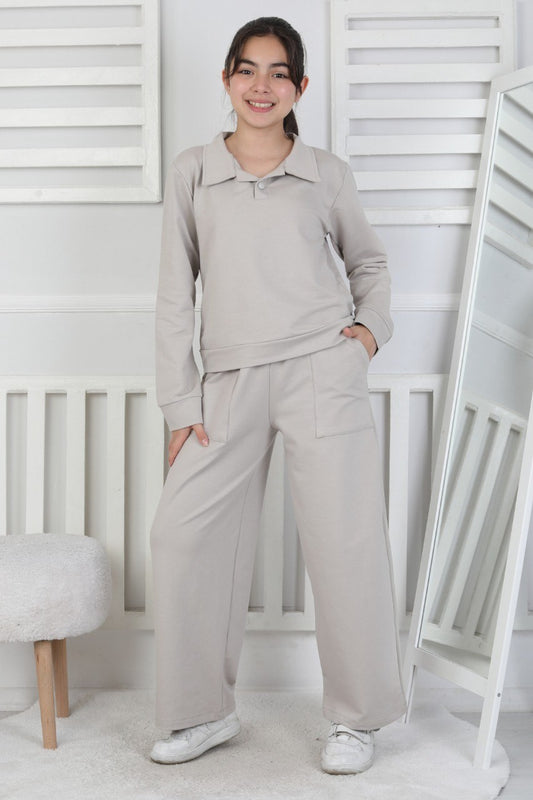 Yakalı Cepli Bol Paça Kız Çocuk Takım