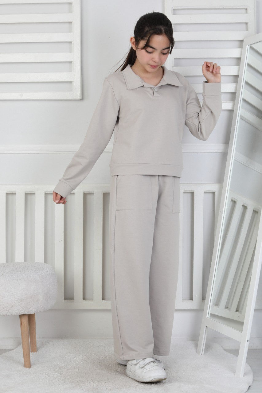 Yakalı Cepli Bol Paça Kız Çocuk Takım