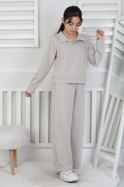 Yakalı Cepli Bol Paça Kız Çocuk Takım