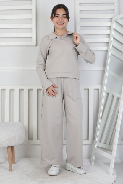 Yakalı Cepli Bol Paça Kız Çocuk Takım