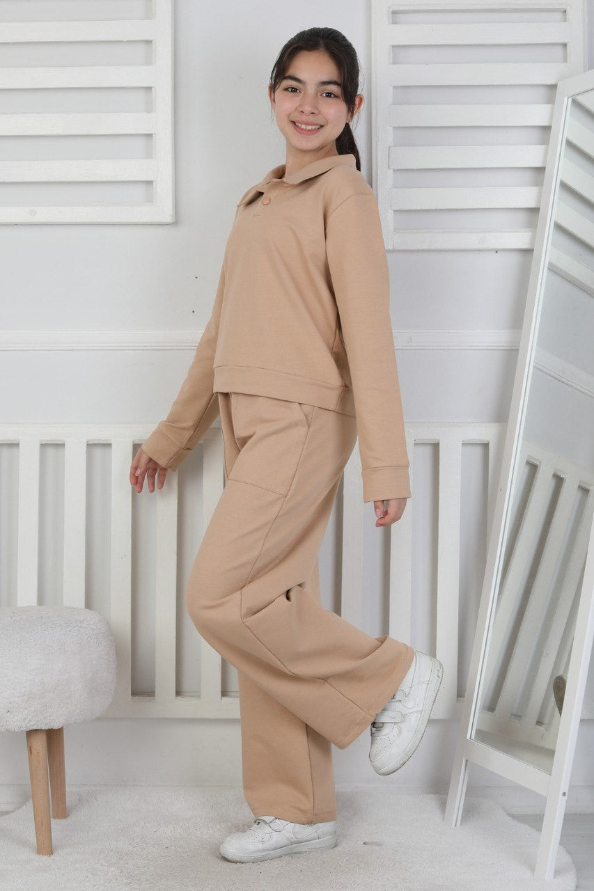 Yakalı Cepli Bol Paça Kız Çocuk Takım