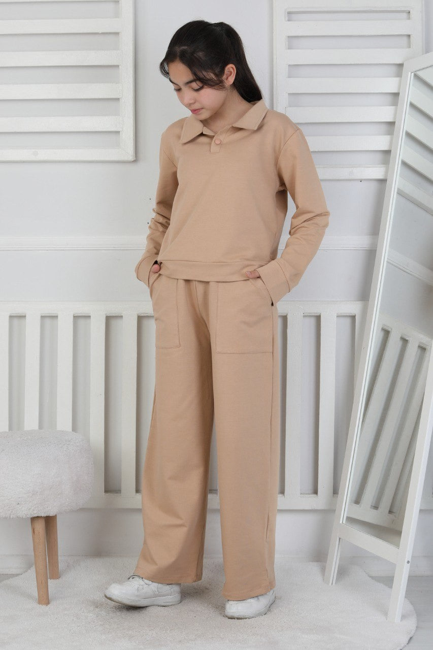 Yakalı Cepli Bol Paça Kız Çocuk Takım