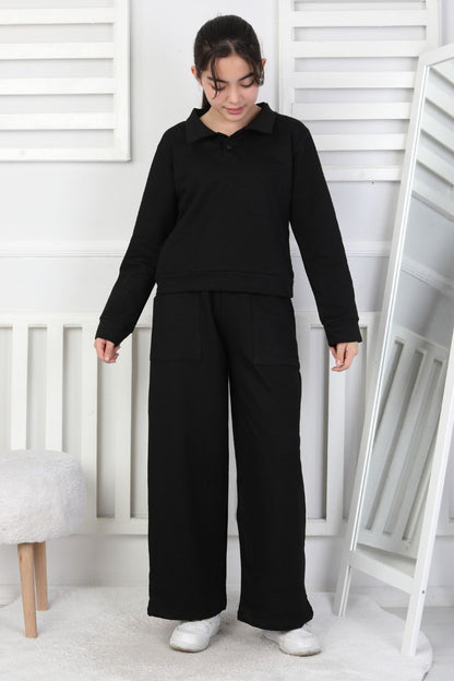 Yakalı Cepli Bol Paça Kız Çocuk Takım