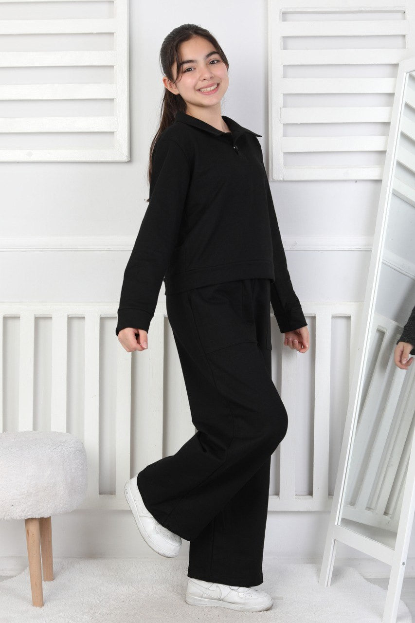 Yakalı Cepli Bol Paça Kız Çocuk Takım