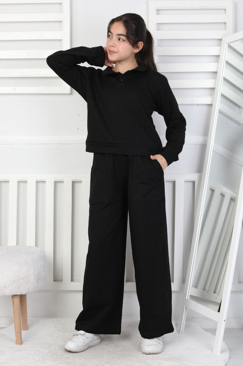 Yakalı Cepli Bol Paça Kız Çocuk Takım