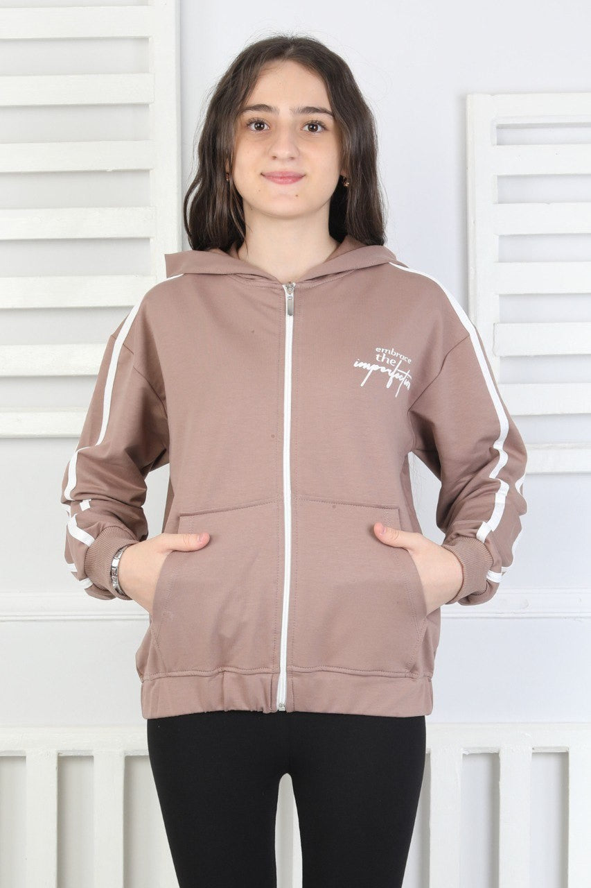 Kapüşonlu Fermuarlı Baskılı Kız Çocuk Sweatshirt