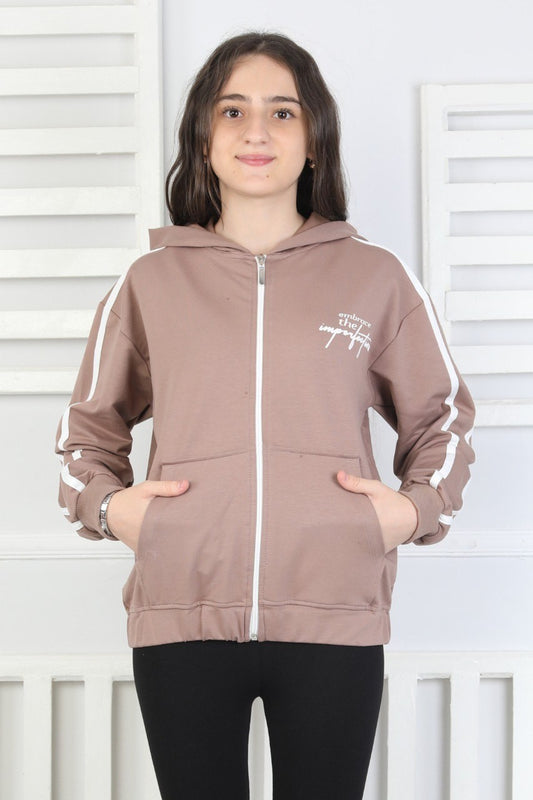 Kapüşonlu Fermuarlı Baskılı Kız Çocuk Sweatshirt