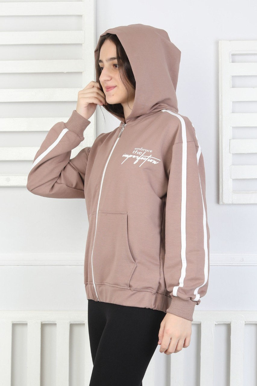 Kapüşonlu Fermuarlı Baskılı Kız Çocuk Sweatshirt