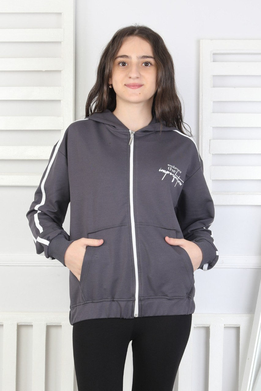 Kapüşonlu Fermuarlı Baskılı Kız Çocuk Sweatshirt