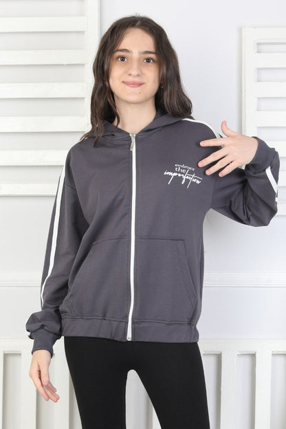 Kapüşonlu Fermuarlı Baskılı Kız Çocuk Sweatshirt