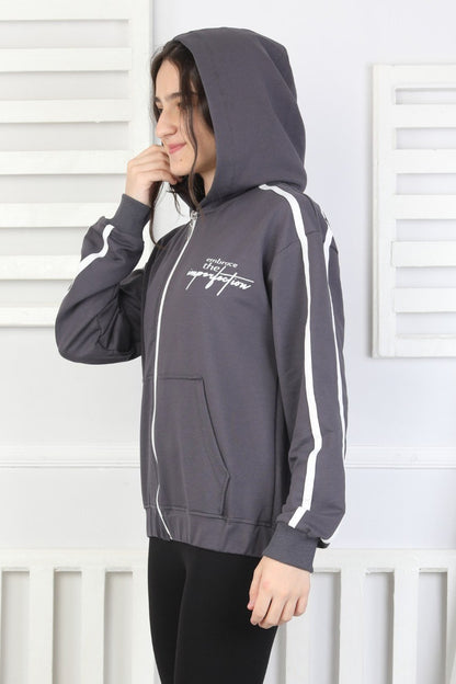 Kapüşonlu Fermuarlı Baskılı Kız Çocuk Sweatshirt