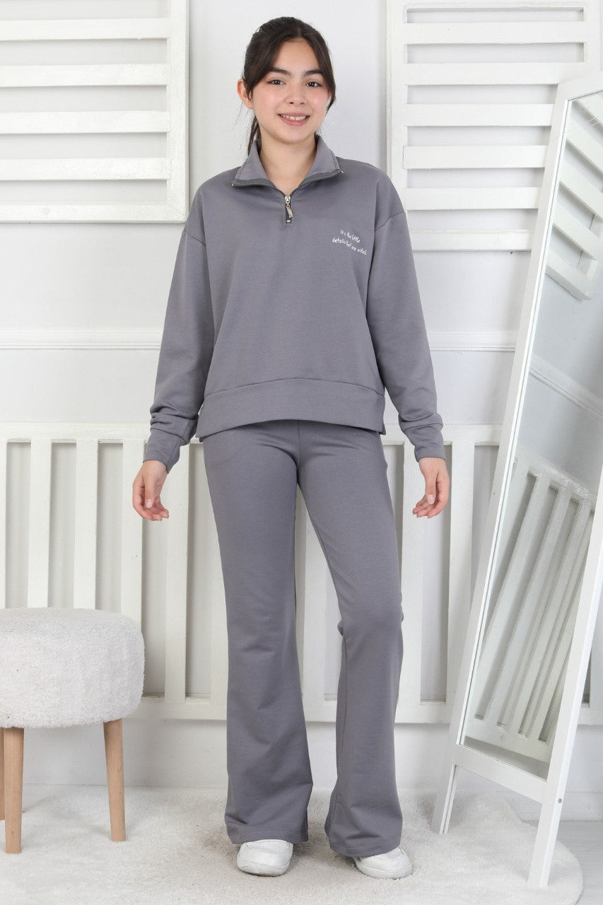 İki İplik Arkası Baskılı Yarım Fermuarlı Kız Çocuk Takım