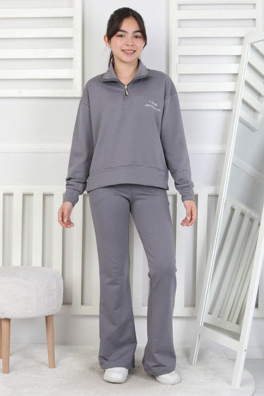 İki İplik Arkası Baskılı Yarım Fermuarlı Kız Çocuk Takım