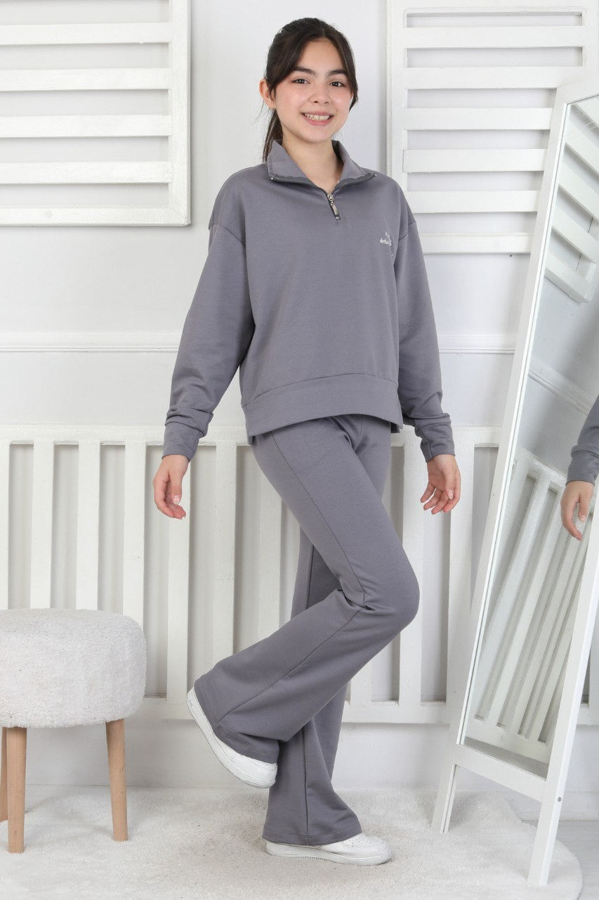 İki İplik Arkası Baskılı Yarım Fermuarlı Kız Çocuk Takım