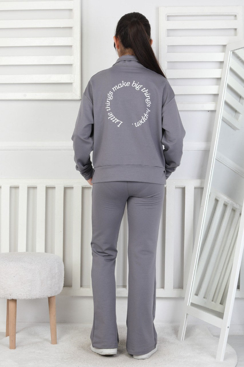 İki İplik Arkası Baskılı Yarım Fermuarlı Kız Çocuk Takım