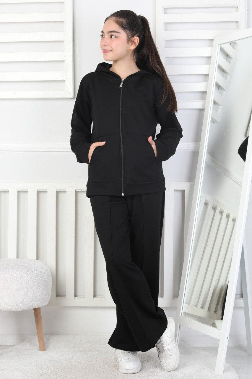 İki İplik Kapüşonlu Fermuarlı Kız Çocuk Takım