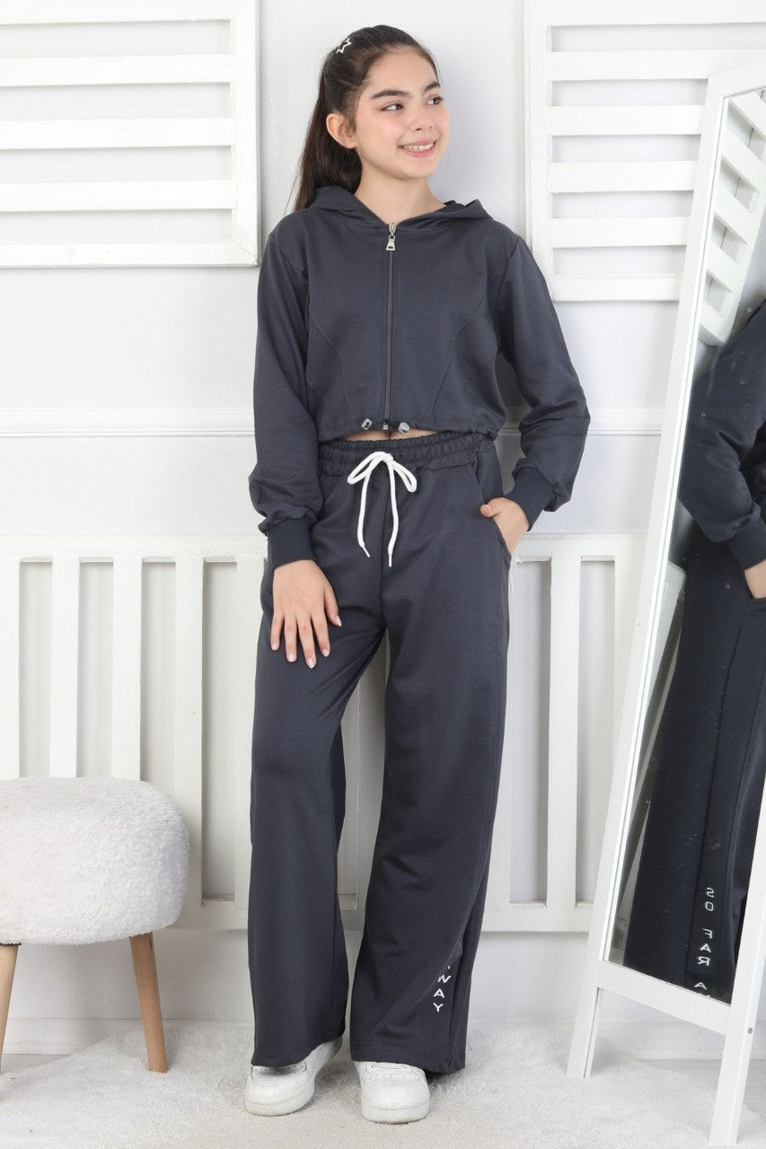 Kapüşonlu Fermuarlı Bol Paça Kız Çocuk Takım