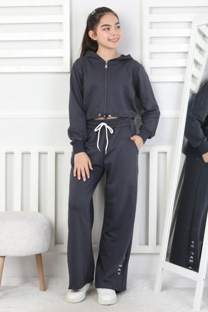 Kapüşonlu Fermuarlı Bol Paça Kız Çocuk Takım