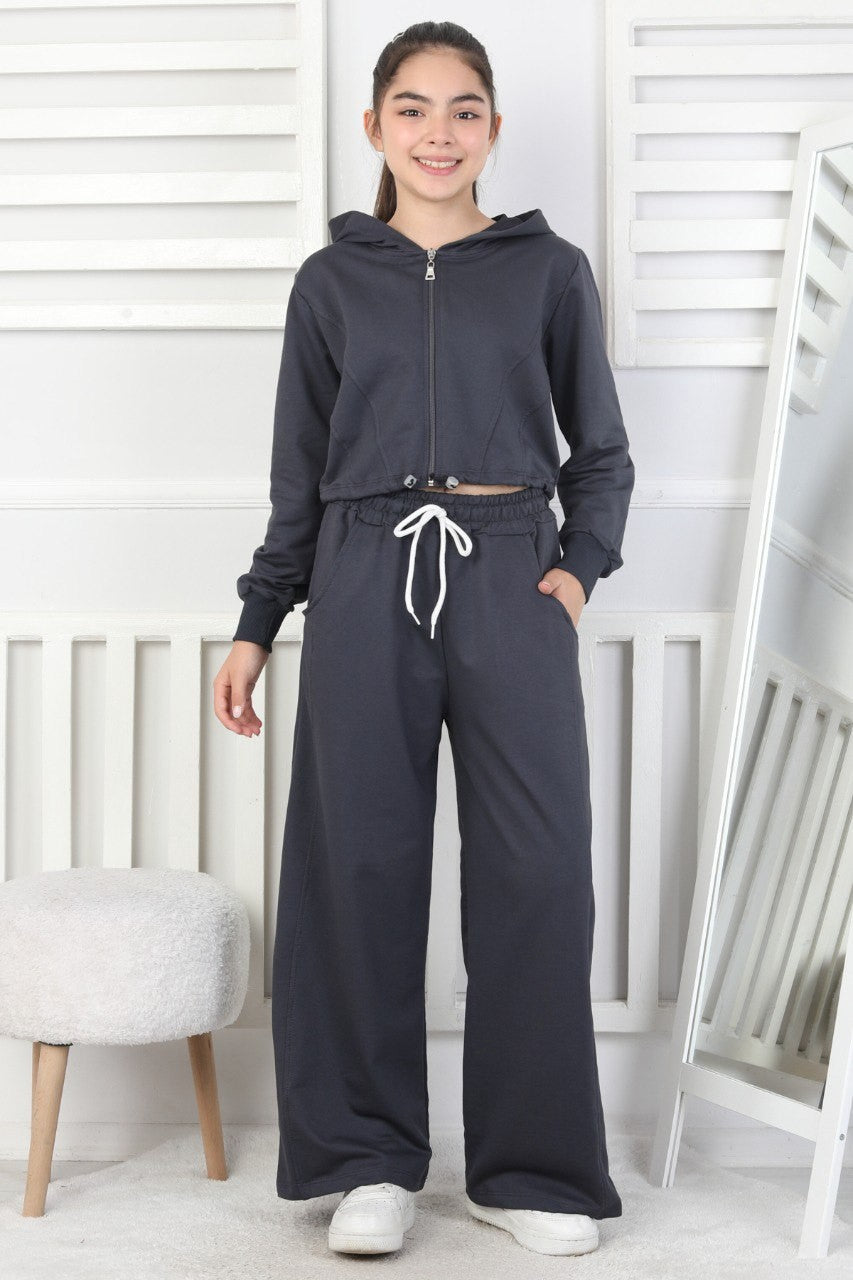Kapüşonlu Fermuarlı Bol Paça Kız Çocuk Takım
