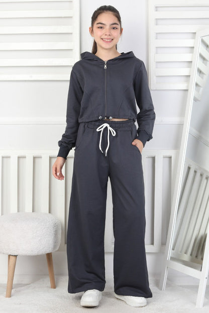 Kapüşonlu Fermuarlı Bol Paça Kız Çocuk Takım