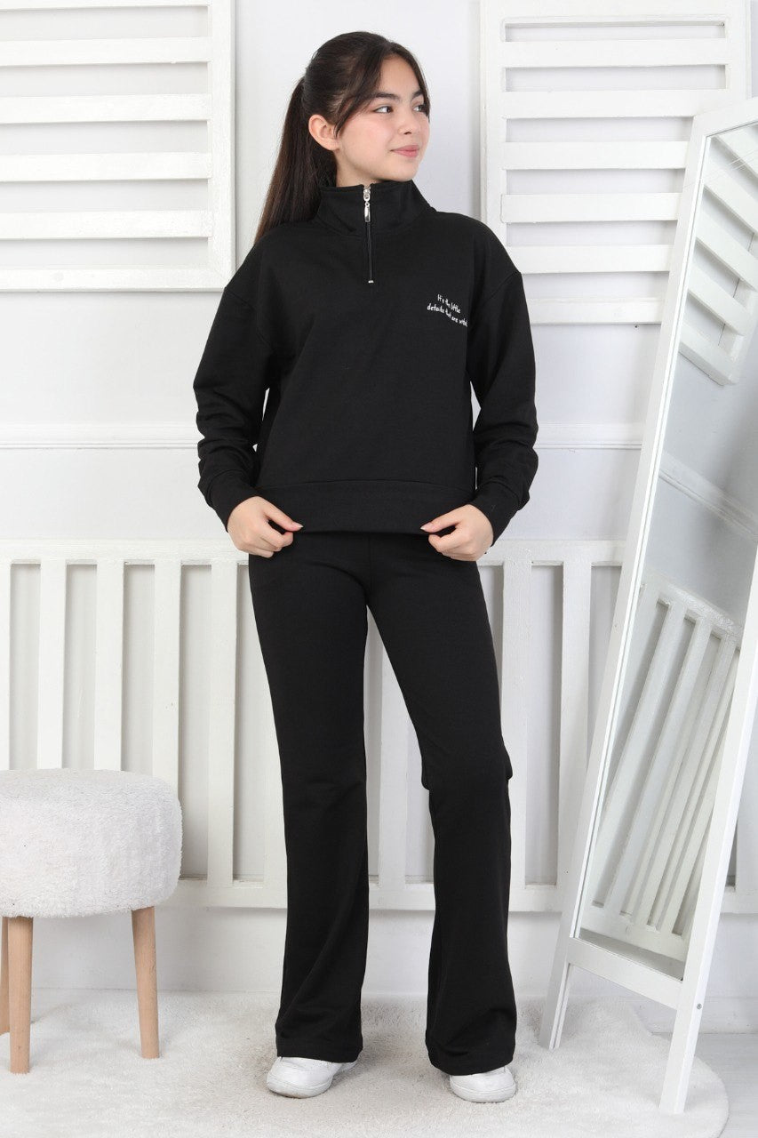 İki İplik Arkası Baskılı Yarım Fermuarlı Kız Çocuk Takım