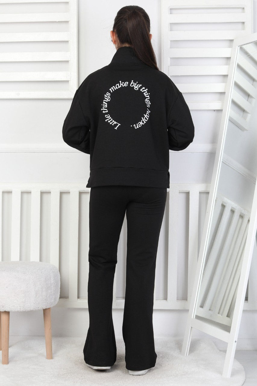 İki İplik Arkası Baskılı Yarım Fermuarlı Kız Çocuk Takım