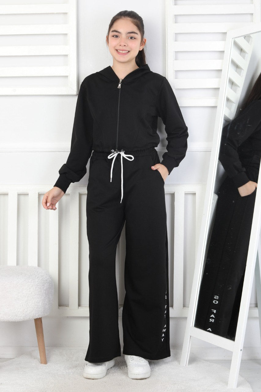 Kapüşonlu Fermuarlı Bol Paça Kız Çocuk Takım