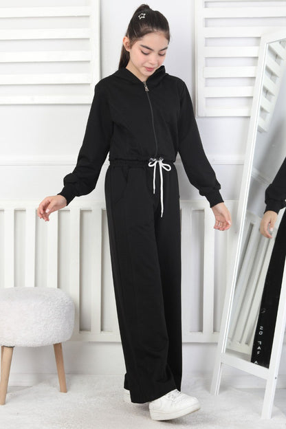 Kapüşonlu Fermuarlı Bol Paça Kız Çocuk Takım