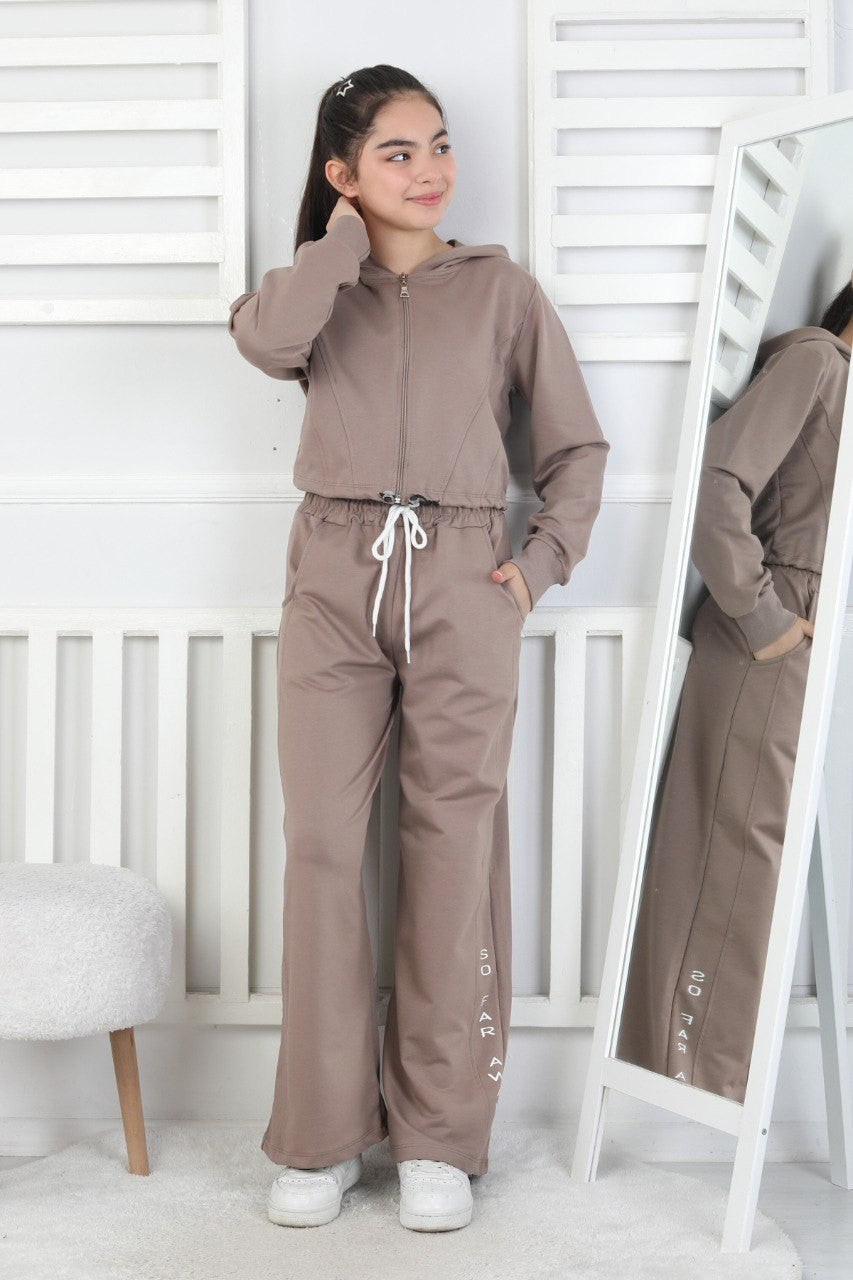Kapüşonlu Fermuarlı Bol Paça Kız Çocuk Takım